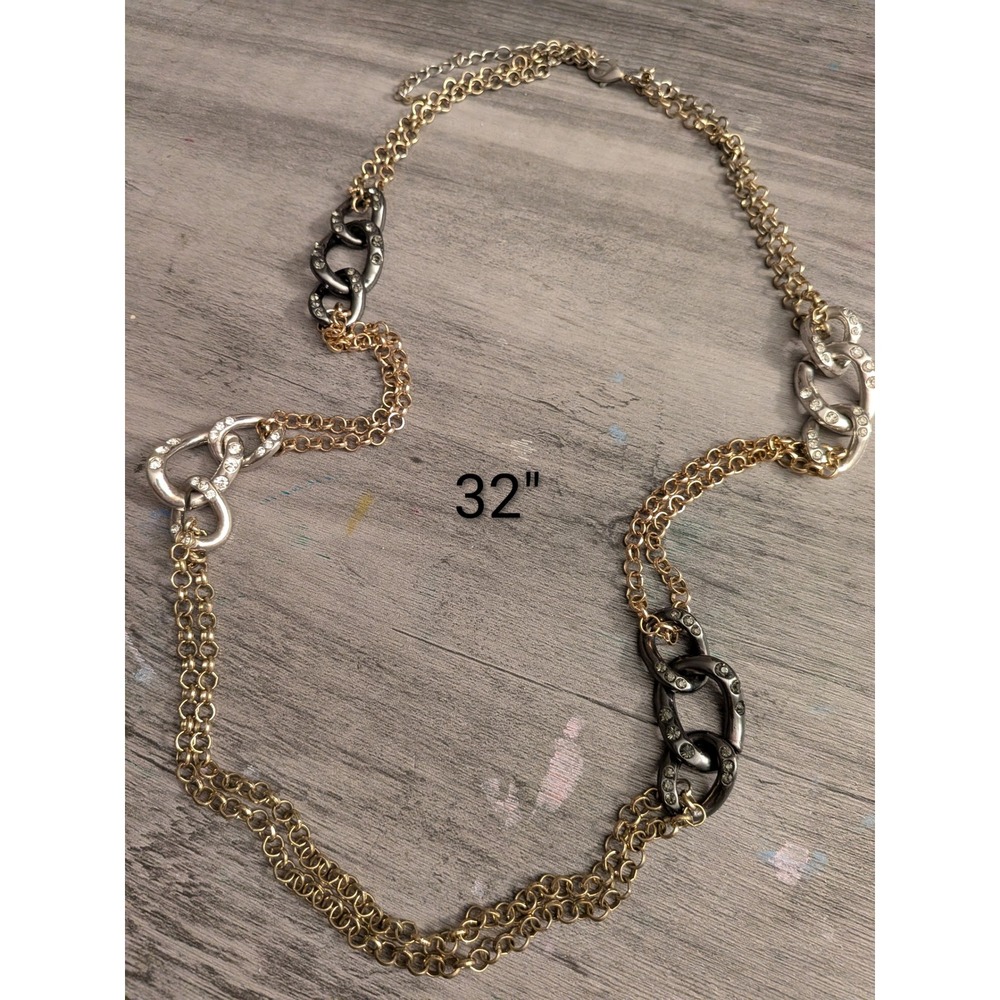 Mixed Metal Rhinestone Link Long Chain Necklace Gold Silver Gunmetal 32 Inch